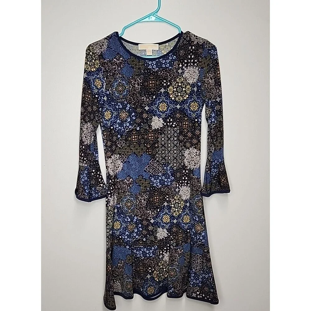 Michael Kors Blue A Line size XS scoop neck long sleeve dress Geometric Design